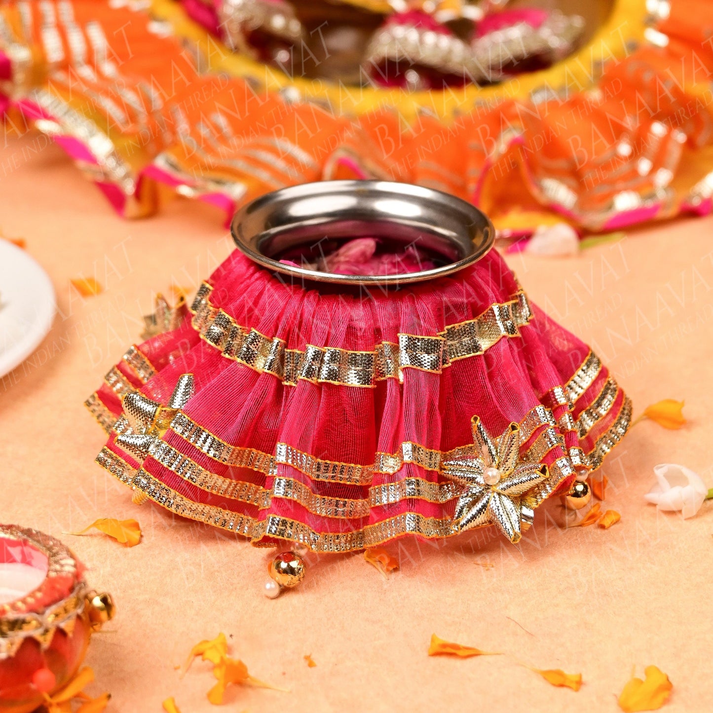DIY Thaal Decor Set - Thaal Cover, Kalash Cover, Thaal Posh Set - Vibrant Hot Pink