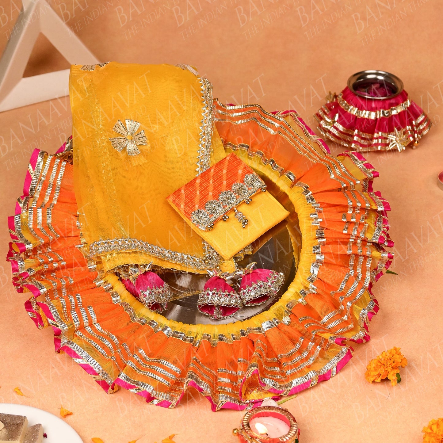 DIY Thaal Decor Set - Thaal Cover, Kalash Cover, Thaal Posh, Square Money Envelope Set - Vibrant Yellow and Orange