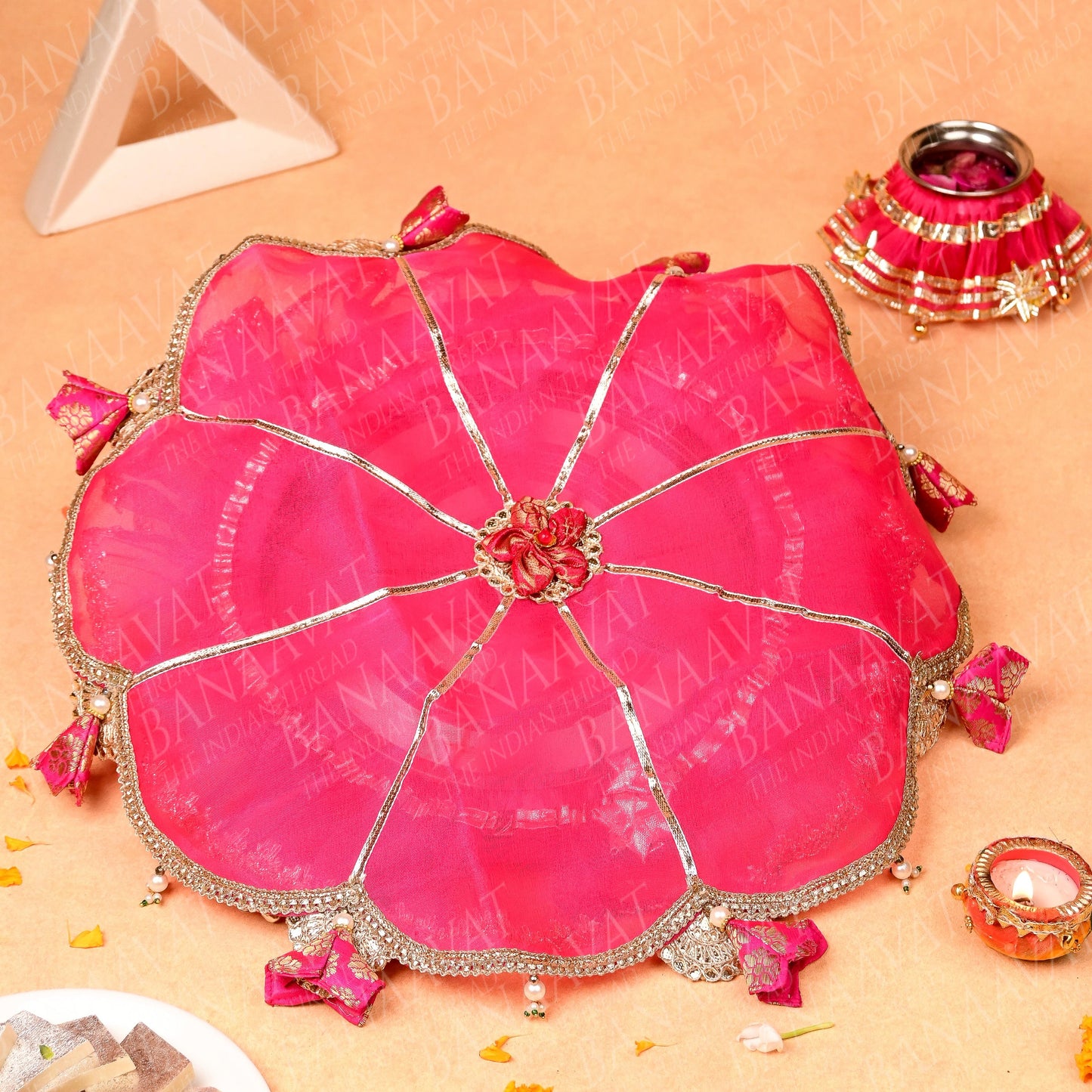 DIY Thaal Decor Set - Thaal Cover, Kalash Cover, Thaal Posh Set - Vibrant Hot Pink