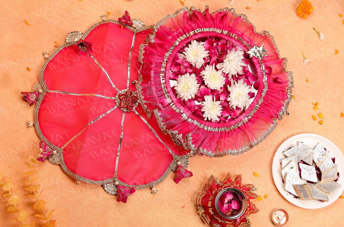 DIY Thaal Decor Set - Thaal Cover, Kalash Cover, Thaal Posh Set - Vibrant Hot Pink