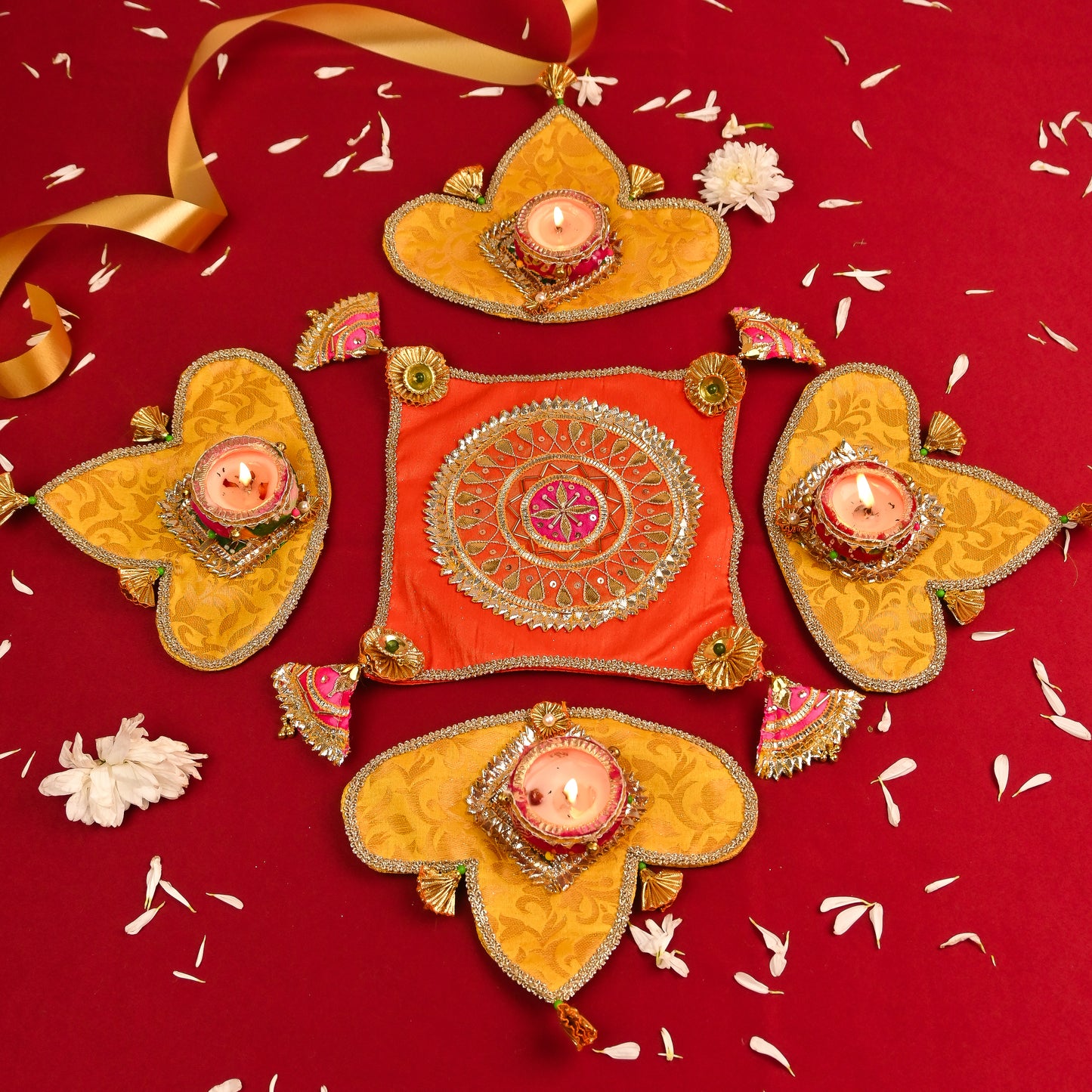 4-Piece Handcrafted Fabric Center Rangoli with Diya Set – Eco-Friendly & Reusable Décor