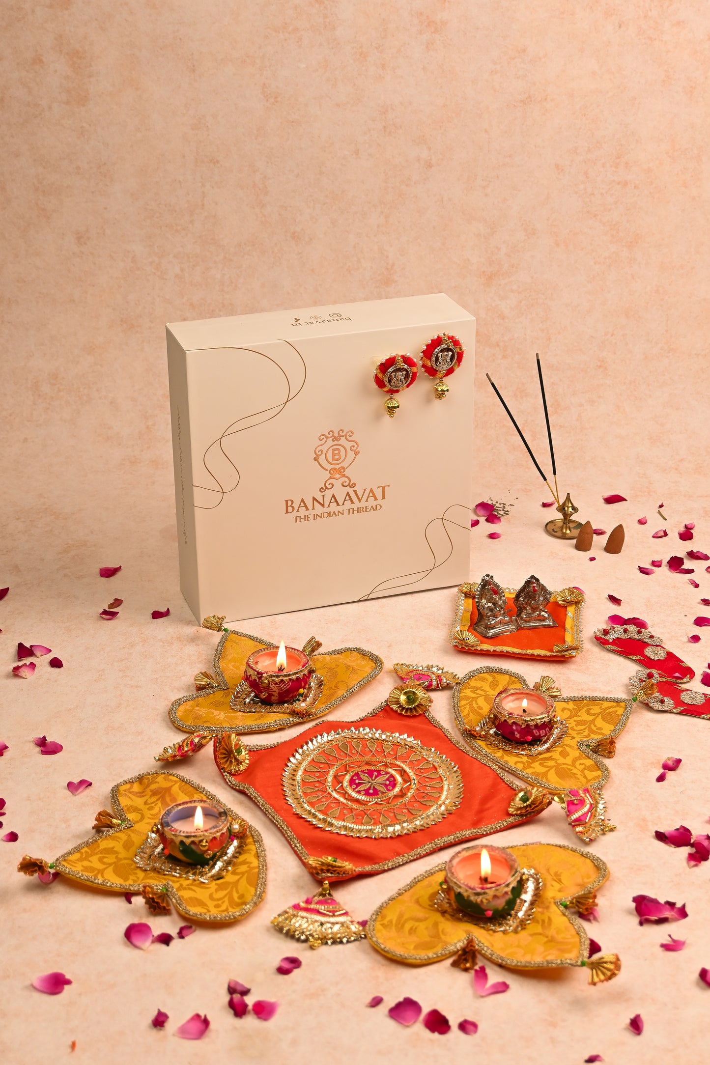 4-Piece Handcrafted Fabric Center Rangoli with Diya Set – Eco-Friendly & Reusable Décor