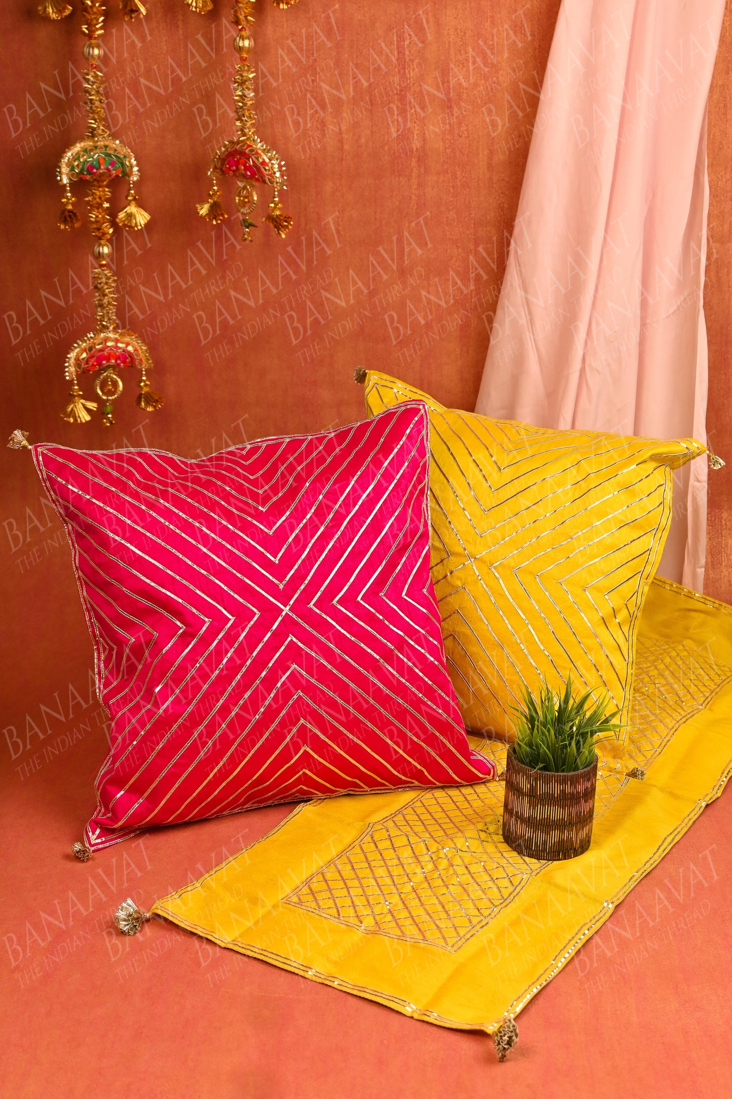 Elegant Gota Line Cushion Covers (Set of 5), along with matching Runner