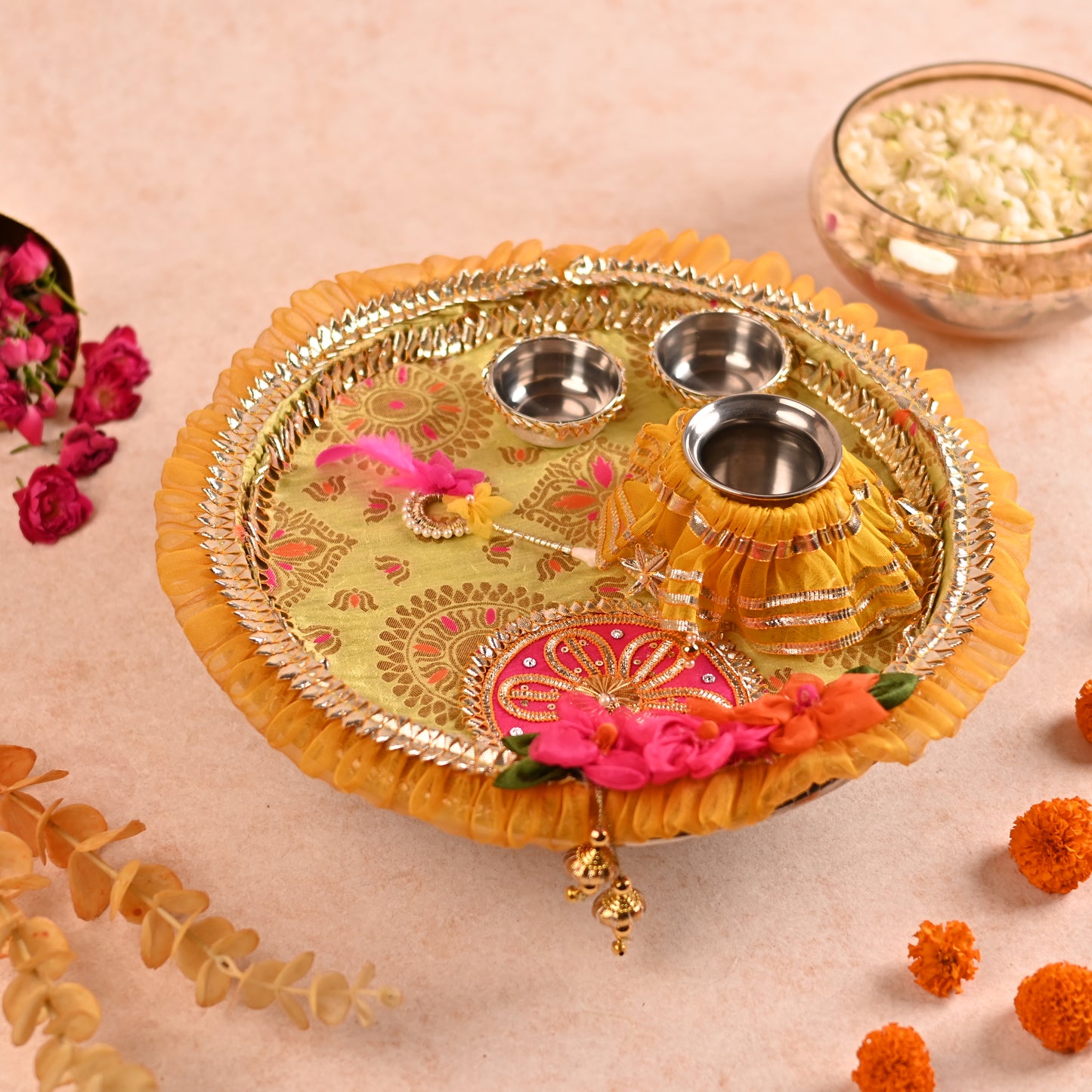 Decorated Aarti Thaal Set with Roli Chawal Bowls, Kalash, and Tilak Stick - Green