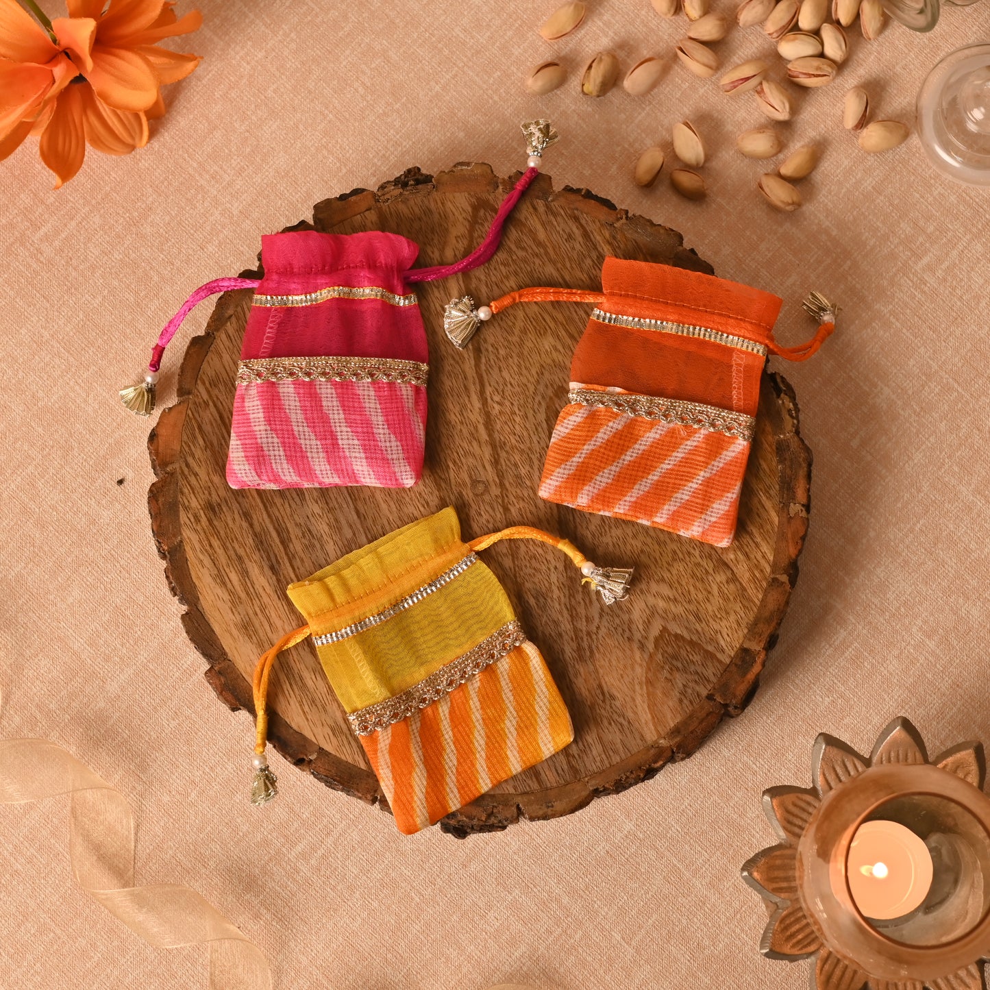 Banaavat Essence Lehriya Print Petite Potli Set – 4"x3" (Set of 10)