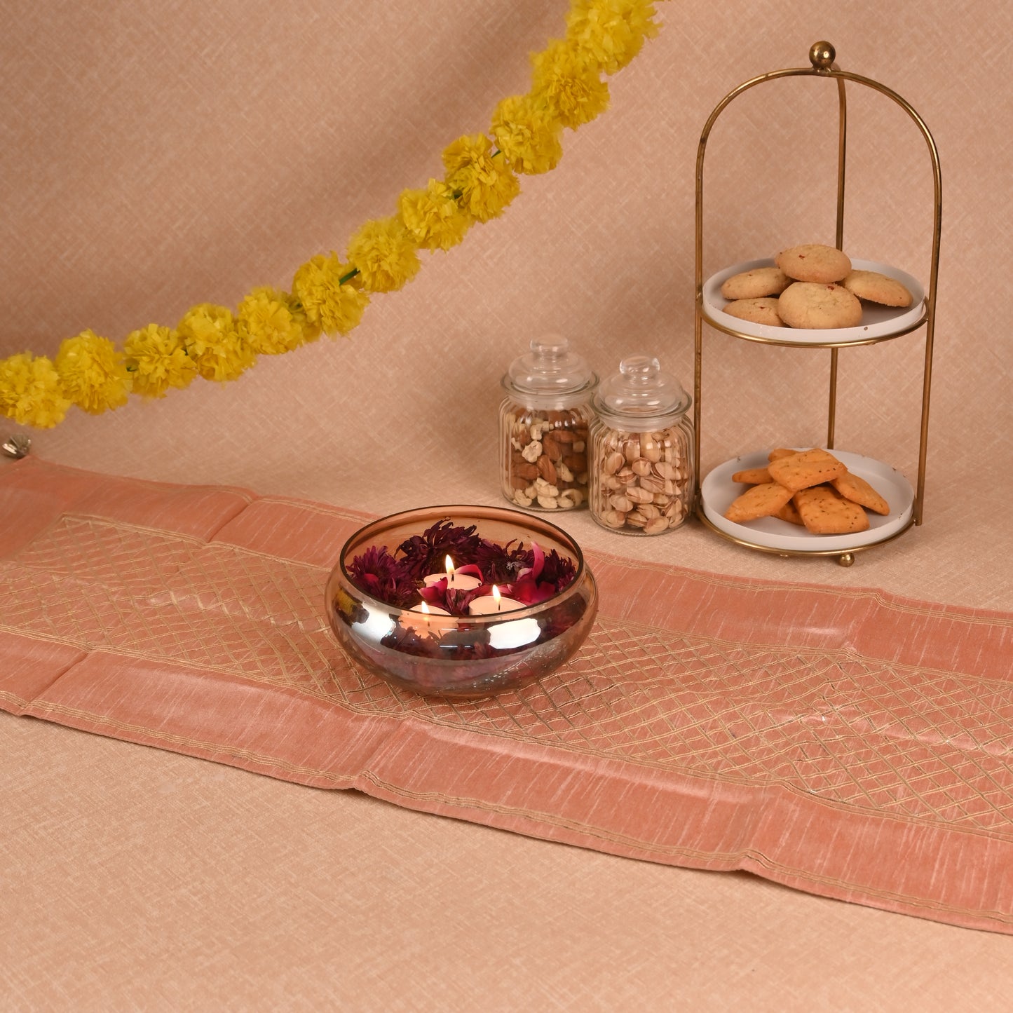 Banaavat Essence Silk Table Runner – Pastel Pink Gota Check Work & Handcrafted Tassels (36"x13")