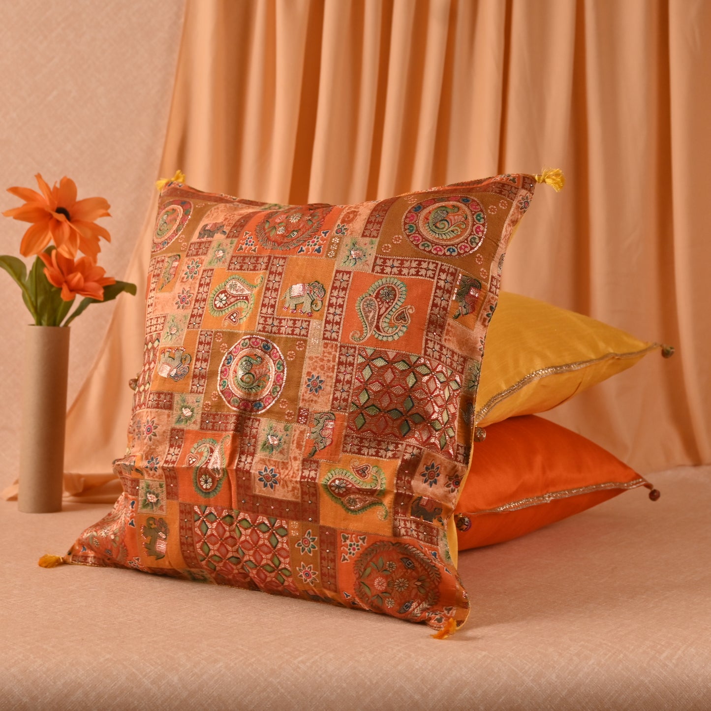 Banaavat Essence Silk Cushion Cover Set – Yellow Print & Gota Lace Detailing (Set of 5, 16"x16")