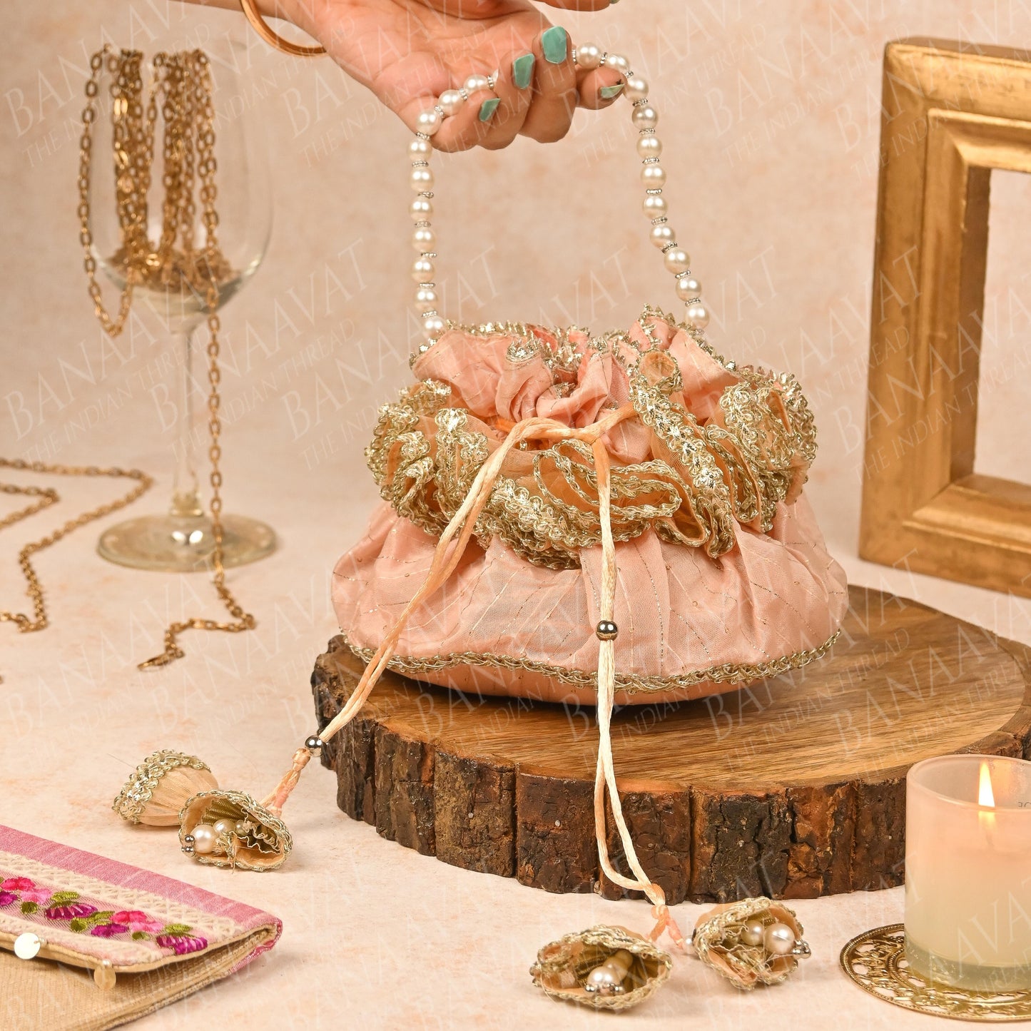 Banaavat Essence Handi-Inspired Silk Potli – Pearl Handle & Handcrafted Tassel
