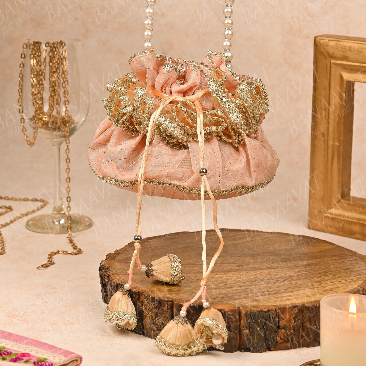 Banaavat Essence Handi-Inspired Silk Potli – Pearl Handle & Handcrafted Tassel