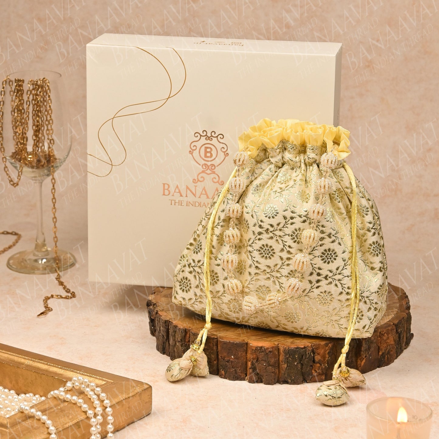 Brocade Potli Purse with Pearl Handle and Tassels