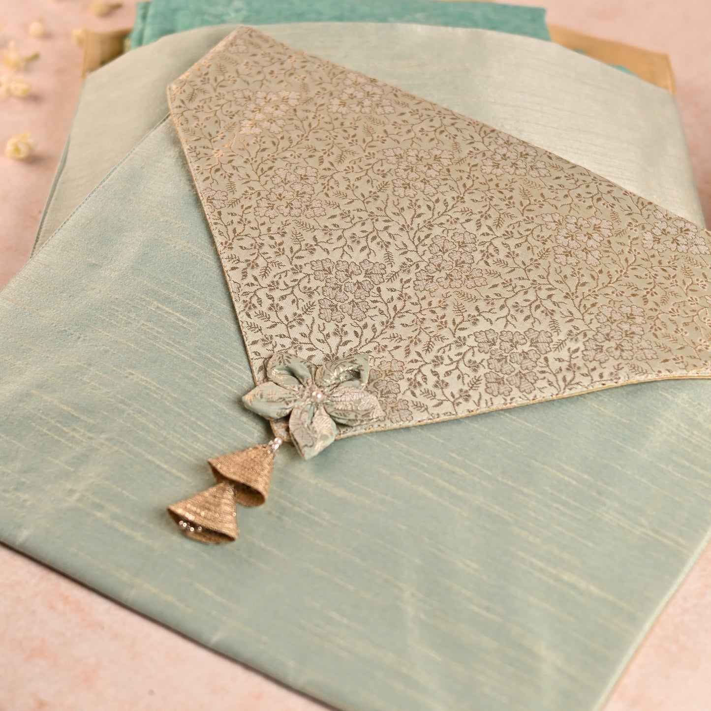 Banaavat Essence Brocade & Dupion Silk Saree Cover – Triangular Flap with Flower Tassel (40x40 cm)