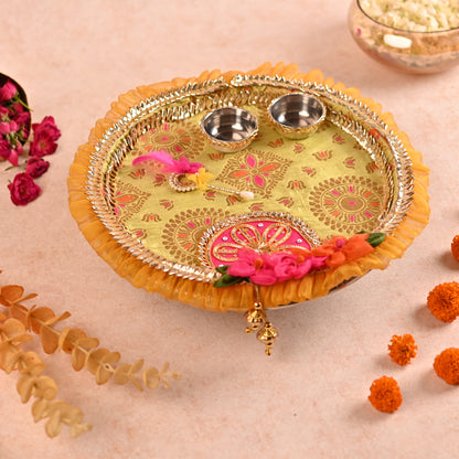 Decorated Aarti Thaal Set with Roli Chawal Bowls, Kalash, and Tilak Stick - Green