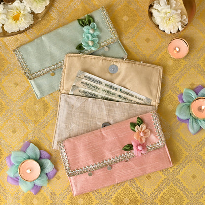 Banaavat Essence Handcrafted Floral Dupion Silk Money Envelope – (7.5"x4.5")