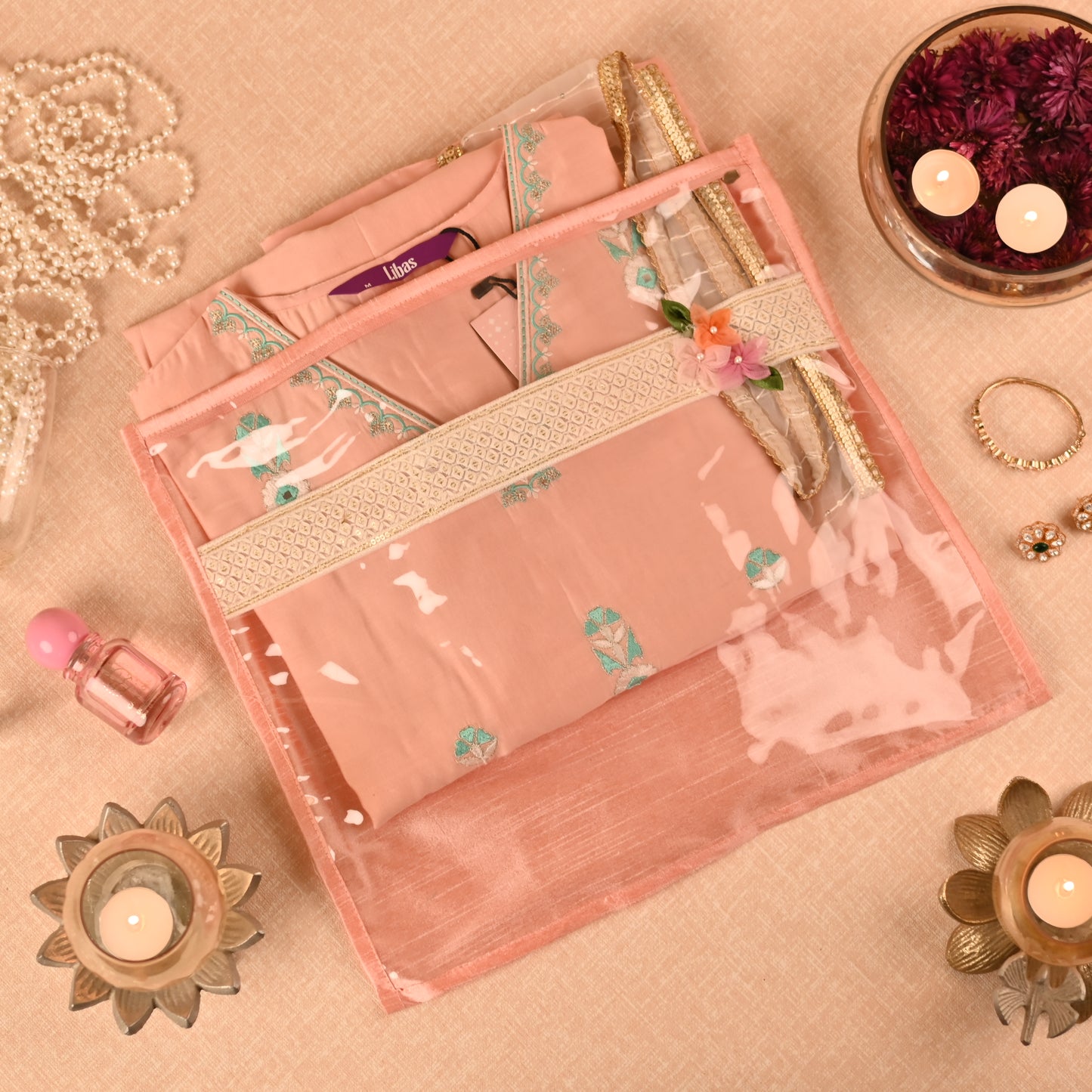 Banaavat Essence Trousseau Saree Cover – Transparent Lace Front & Dupion Silk Back (40x40 cm)