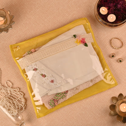 Banaavat Essence Trousseau Saree Cover – Transparent Lace Front & Dupion Silk Back (40x40 cm)