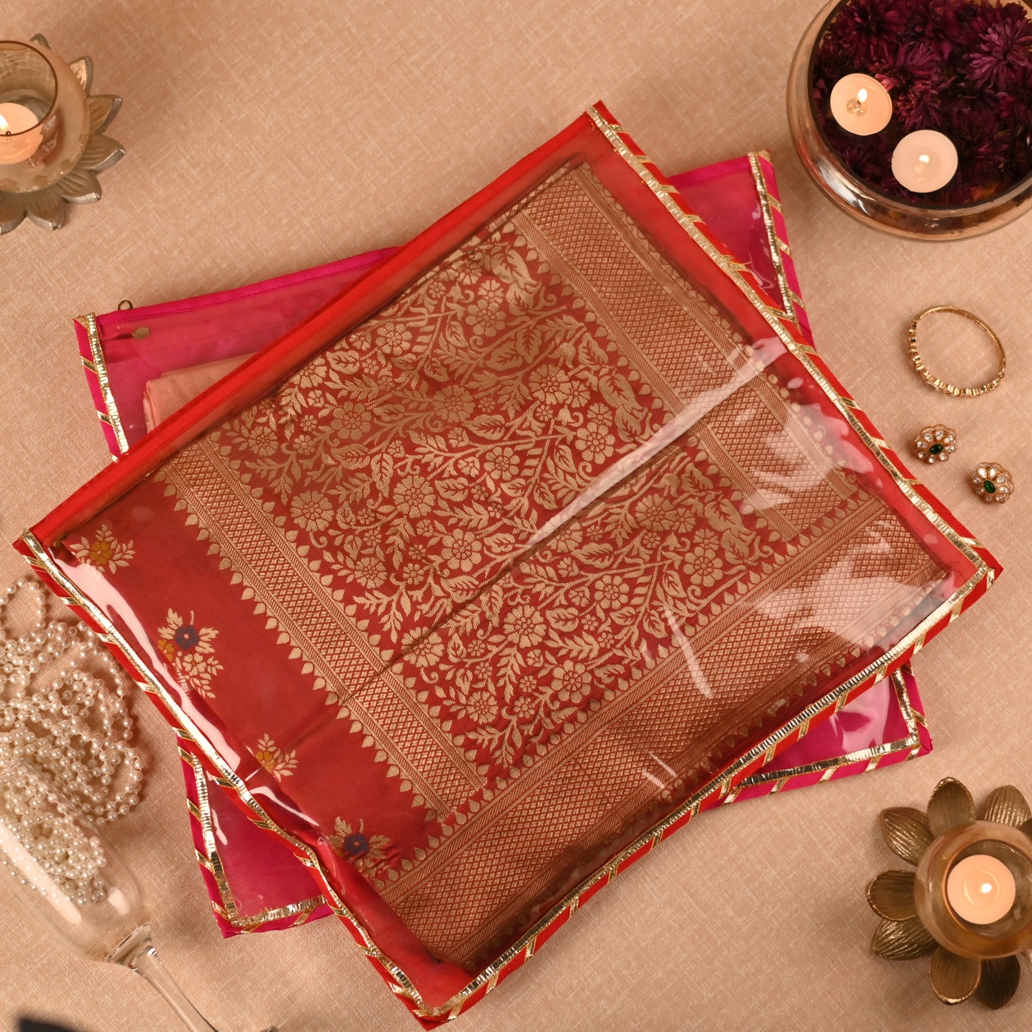 Banaavat Essence Trousseau Saree Cover – Transparent Front & Dupion Silk Back (40x40 cm)