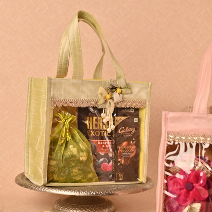 Banaavat Essence Dupion Silk Room Hamper – Transparent Front & Handcrafted Flower (9"x8.5"x5.5")