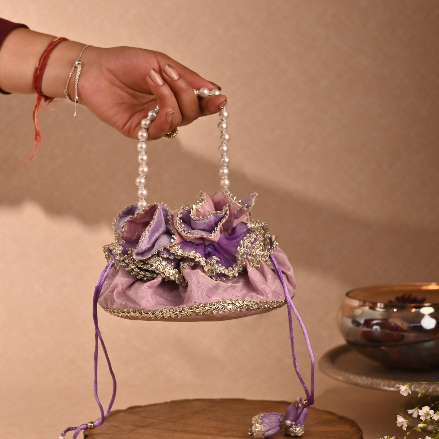 Banaavat Essence Handi-Inspired Silk Potli – Pearl Handle & Handcrafted Tassel