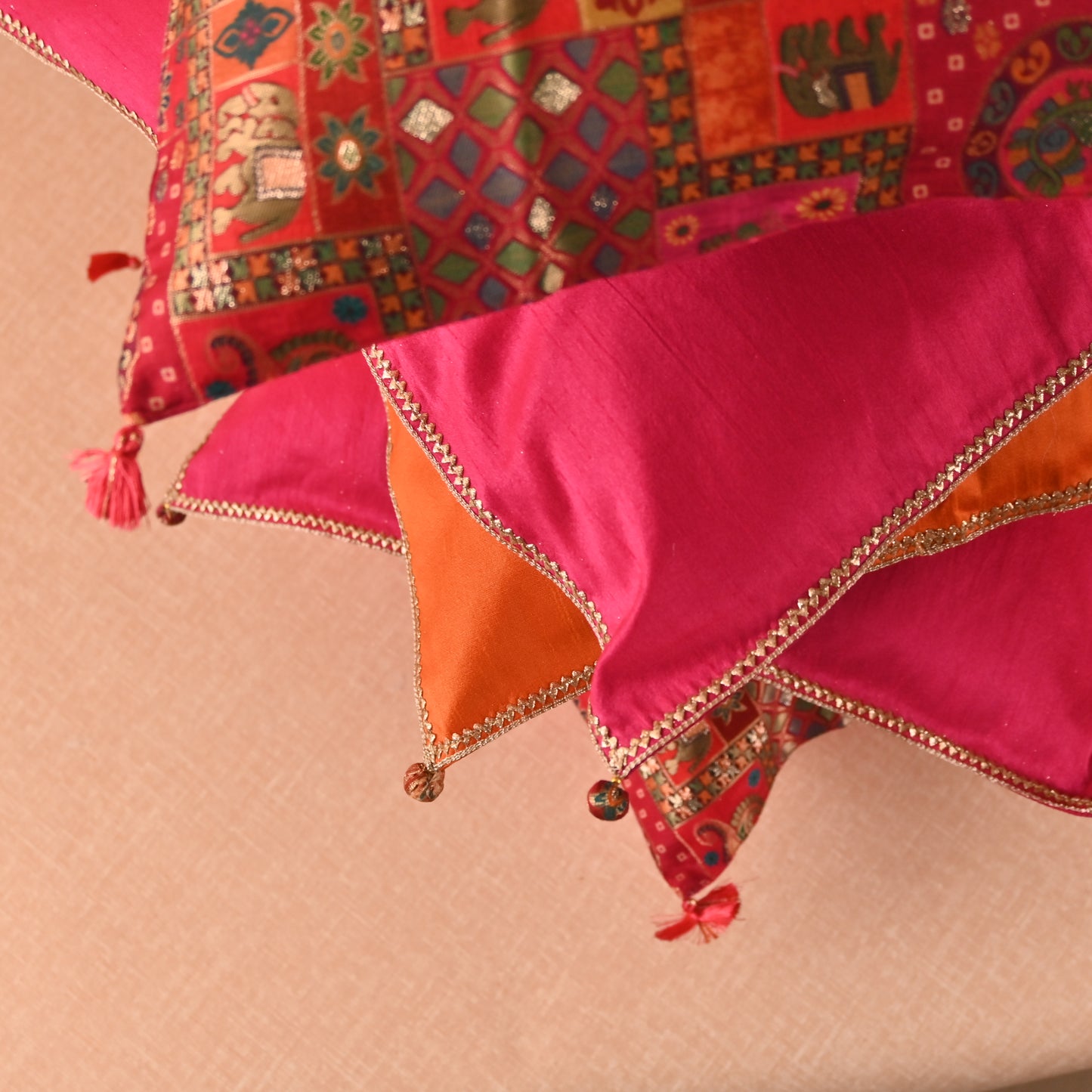 Banaavat Essence Silk Cushion Cover Set – Indian Print & Gota Lace Detailing (Set of 5, 16"x16")