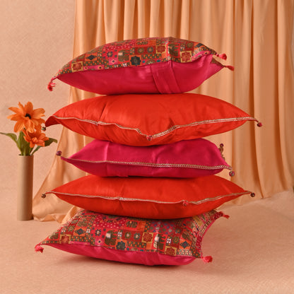 Banaavat Essence Silk Cushion Cover Set – Indian Print & Gota Lace Detailing (Set of 5, 16"x16")